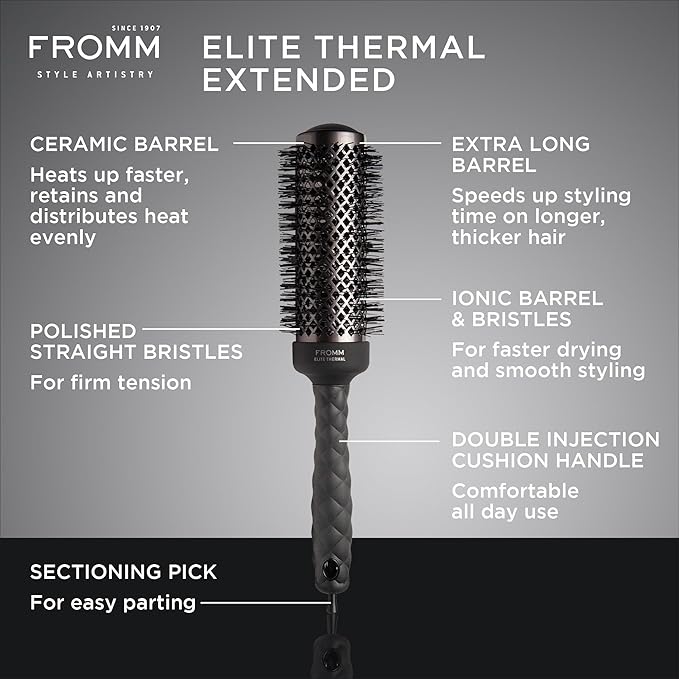 Fromm Elite Thermal Ceramic x Ionic 1.75 Inch Round Hair Brush for Expert Blowouts, Hair Drying, Extended Barrel for Anti-Static Styling, Smoothing, Straightening, and Shine, Ideal for Short Hair