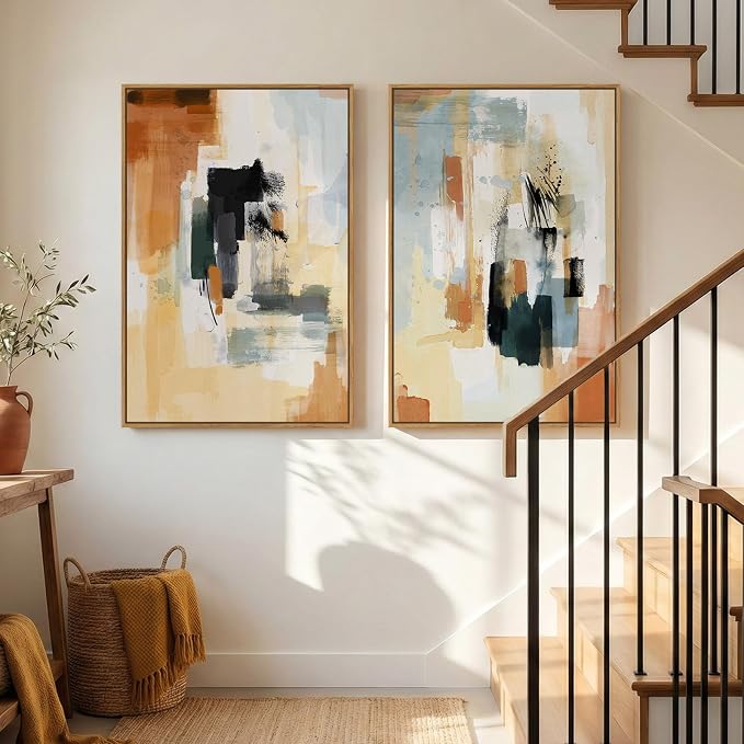 Large Framed Neutral Abstract Wall Art, Set of 2 Modern Canvas Prints Paintings Artwork for Walls, Minimalist Colorful Pictures for Living Room Bedroom Dining Room Hallway Lounge Wall Decor 24x36 In