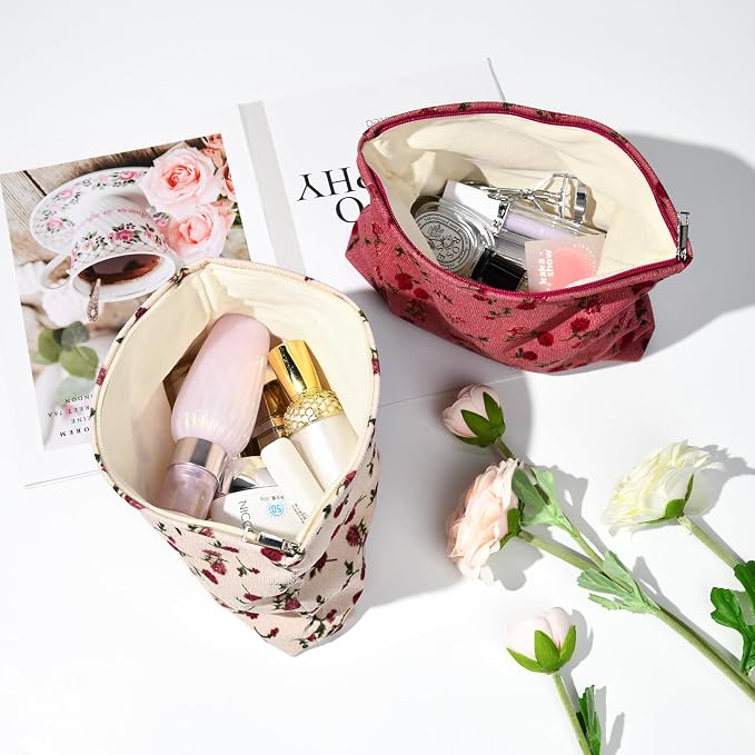 SOIDRAM 2 Pieces Rose Makeup Bag Large Corduroy Cosmetic Bag Capacity Canvas Travel Toiletry Bag Organizer Cute Makeup Brushes Aesthetic Accessories Storage Bag for Women, Rose L White Pink