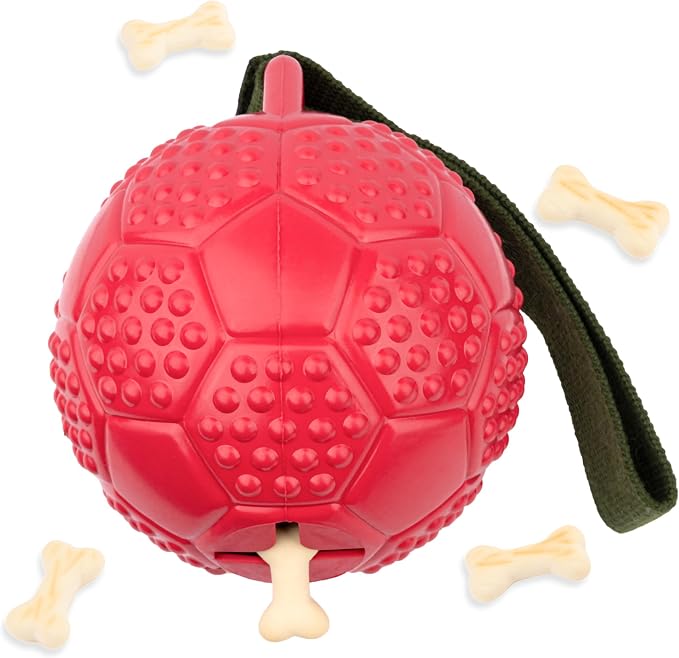 Fuzzl Eco Rubber Chuck & Treat Soccer Ball - Red - Long Lasting Dog Chew Toys for Aggressive Chewers Strong Dog Toy for Dogs Durable Puppy Toys 13cm