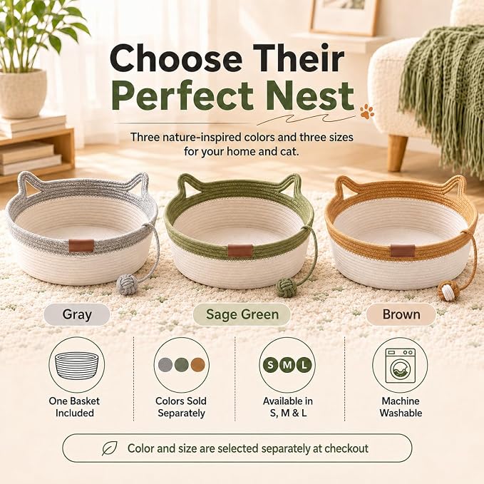 Instinct Basket for Cats - Handwoven Cotton Rope Enrichment Bed with Attached Toy Tail, Scratchable Interactive Pet Nest Features Flexible Walls to Fight Boredom & Protect Furniture (Grey & Mat, L)