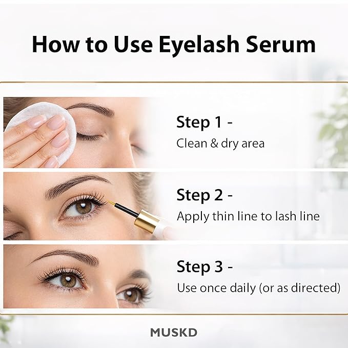 MUSKD Eyelash Growth Serum - Lash Enhancer for Longer, Thicker, Fuller Lashes & Brows - Natural, Vegan & Cruelty-Free Eyelash Serum for Lash & Brow Growth, Gentle Formula (3 ML)