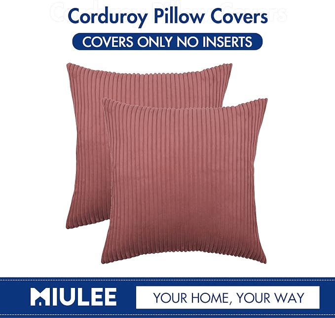 MIULEE Soft Corduroy Throw Pillow Covers Set of 2 18x18 Cranberry Red | Decorative Striped Textured Cushion Cases, Boho Energetic Vibe Pillowcases, Home Decor for Couch Chair Sofa Bed Living Room