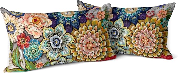 Snycler Boho Floral Throw Pillow Covers Set of 2 Colorful Boho Flower Decorative Cushions Pillowcase for Bedroom Sofa Home Decor, 12x20 Inch, Velvet, Short Plush