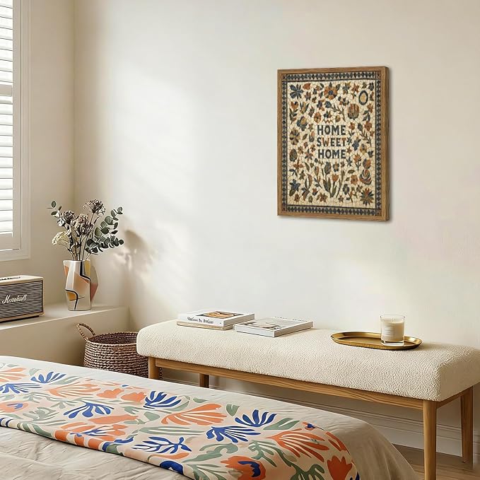 Vintage Mosaic Floral Wall Art Home Sweet Home Tile Florals Wall Decor Painting, Retro Country Boho Poster Canvas Print Picture for Living Room Bedroom 12x16 inch Wood Framed