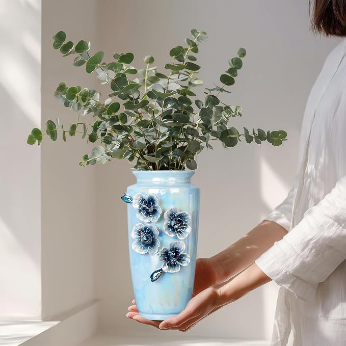 Blue Ceramic Vase 9 Inch - Modern Decorative Flower Vase for Centerpiece, Kitchen Table Living Room Home Decor