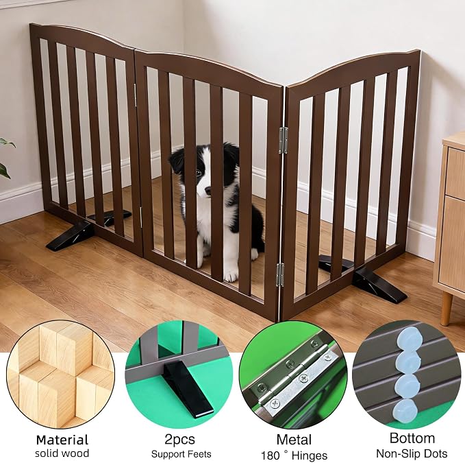 ZJSF Foldable Freestanding Indoor Dog Gate for House Wood Long Pet Gates Dog Fence for Stairs Puppy Gates for Hallways, Puppy Gate,Support Feet Included, Brown, 24 "Height-3 Panels