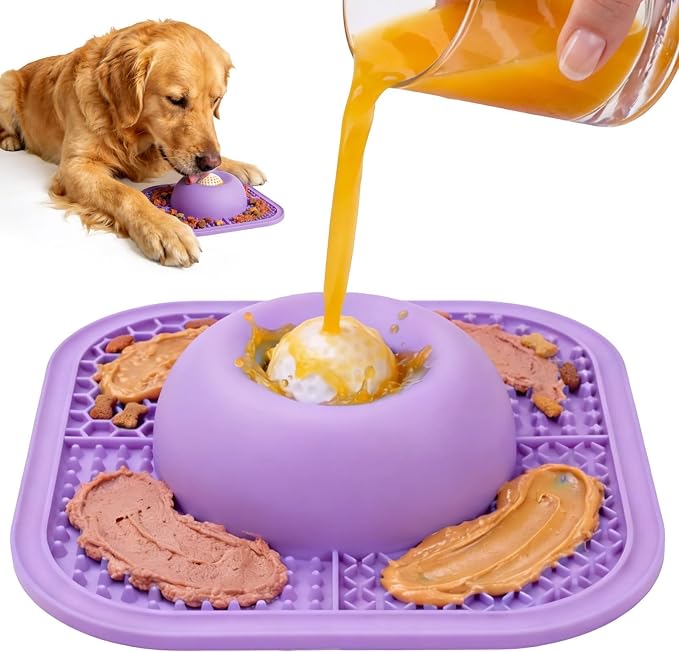 Slow Feeder Dog Bowls & Lick Mat for Liquid and Thick Treat, Anti-Slip Dog Lick Bowl with Interactive Rolling Ball, 5/6 Cup Pup Licking Toy for Large Medium Small Dogs and Cats Purple