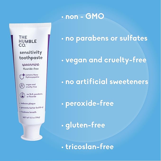 The Humble Co Fluoride-Free for Sensitive Teeth Toothpaste, Spearmint - Toothpaste with Xylitol & Nano Hydroxyapatite for Adults - SLS Free Dental Oral Care & Hygiene - 2 Pack