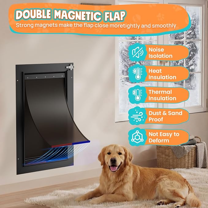 2-Flap Large Dog Door for Wall, All Aluminum Doggy Door, Pets Up to 110 LB | Magnetic Seal, Energy Efficient, Wide Telescoping Tunnel for Walls, Durable Rust Resistant, Closing Panel, Safety Locks