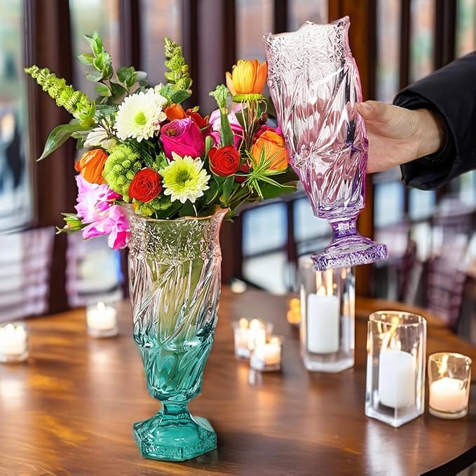 Glass Flower vase 2.4lb 9.5inch,Bohemian Style, for Centerpieces,Wedding,Home Decor Glass Vase (Green Pink)