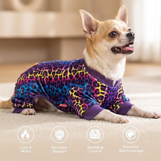 KYEESE Velvet Dog Pajamas for Small Dogs Soft Onesie Shirt, Leopard | 4-Way Stretch, Lightweight & Breathable, Reduces Shedding, Gentle on Sensitive Skin, Recovery Support, Easy Potty Breaks