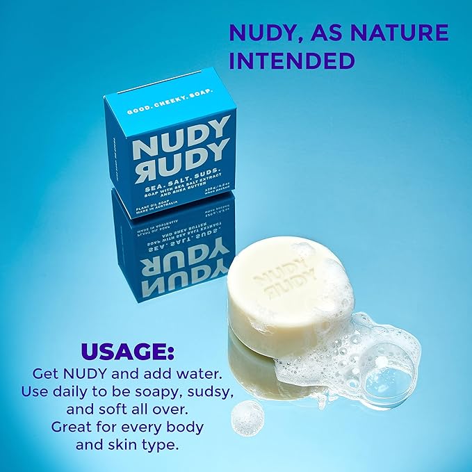 Nudy Rudy Sea Salt Suds Soap Bar Puck, Made with Organic Shea Butter and Sea Salt, Triple Milled Bar, No Harsh Ingredients, All Skin Types, 4.2 oz, Made in Australia