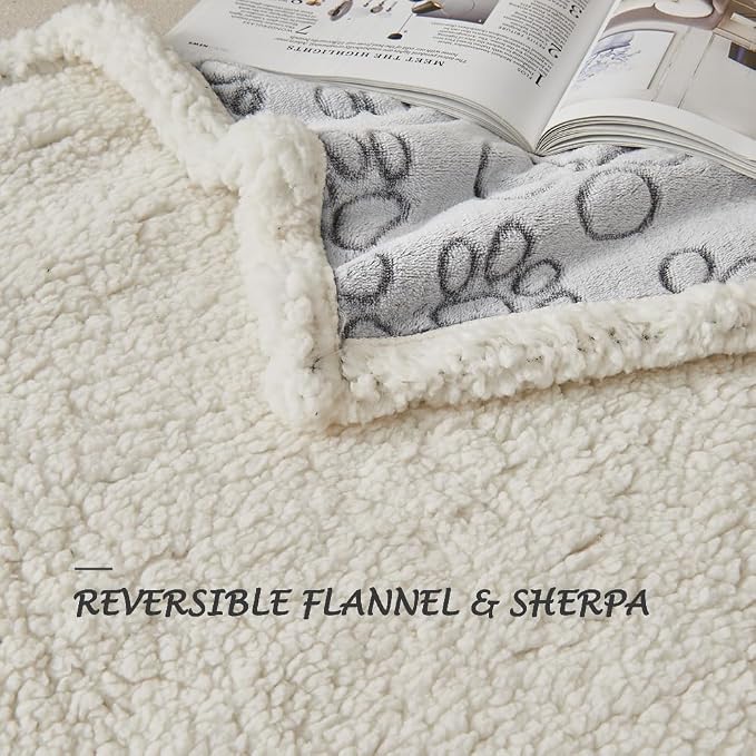 Dog Blankets for Large Dogs - Waterproof Pet Blanket Washable - Sherpa Fleece Puppy Blanket, Soft Plush Reversible Dog Blanket for Bed Couch Car Sofa, 50"X60", Grey Paw Print