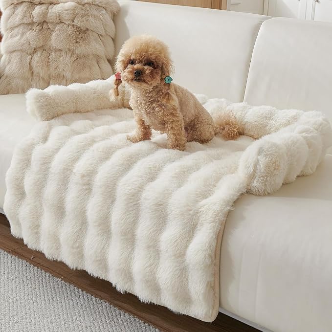 Calming Dog Bed for Couch, 29.5 x 29.5 inch, Non-Slip Rabbit-Velvet Dog Sofa Mat for Furniture Protector, Perfect for Small, Medium Dogs and Cats (Off-White, Medium)