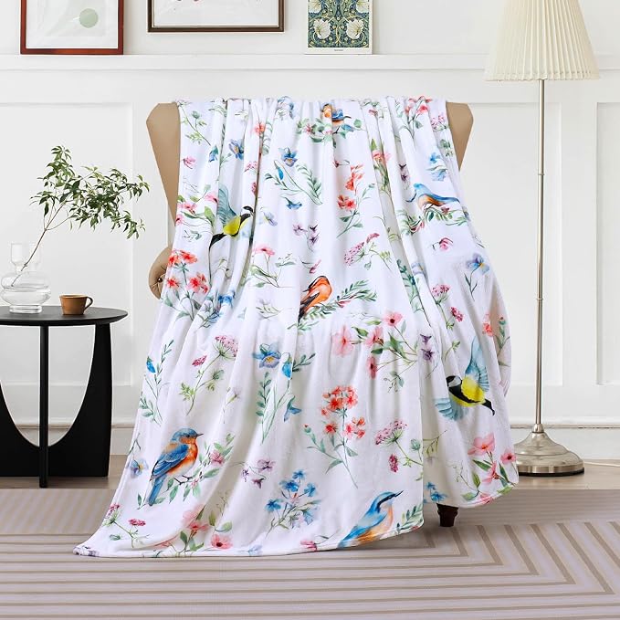 Floral Bird Blanket Ultra Soft Watercolor Flowers Throw Blankets Wildflower Flannel Fleece Throw Botanical Warm Cozy Fuzzy Plus Gifts Cabin Blanket for Bed Sofa, 50" X 60"
