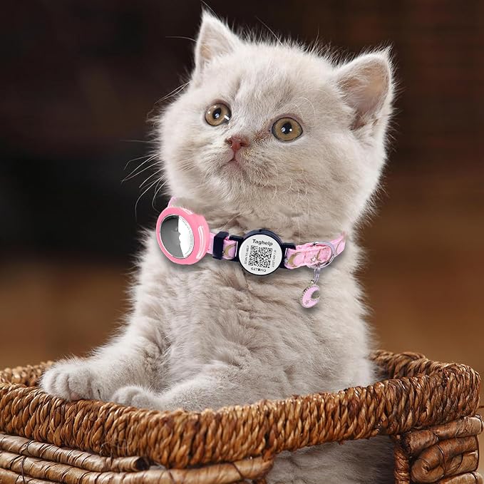 Waterproof Airtag Cat Collar Breakaway, Moons and Stars Safety Breakaway Cat Collars with Apple Airtag Holder with Qr Code, Adjustable GPS Tracker boy Girl Kitten Collar (Black B)