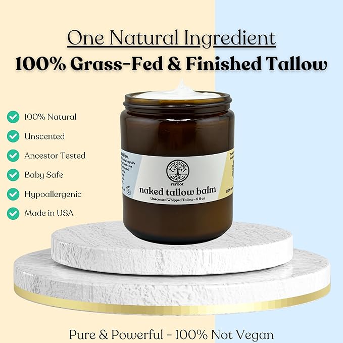 Beef Tallow for Skin - NAKED TALLOW BALM I 1 Ingredient - 100% Grass Fed Beef Tallow | Whole Body & Face | Whipped & UNSCENTED for Sensititve Dry Skin, Babies, Eczema, Psoriasis, Rosacea