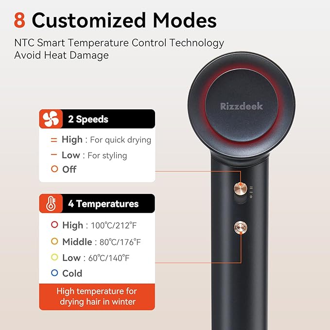 High-Speed Hair Dryer, 110,000 RPM 200M Negative Ions Blow Dryer for Ultimate Shine & Frizz-Free Hair, Intelligent Thermo-Control Fast Drying,Lightweight Quiet Hair Dryer with Magnetic Nozzle