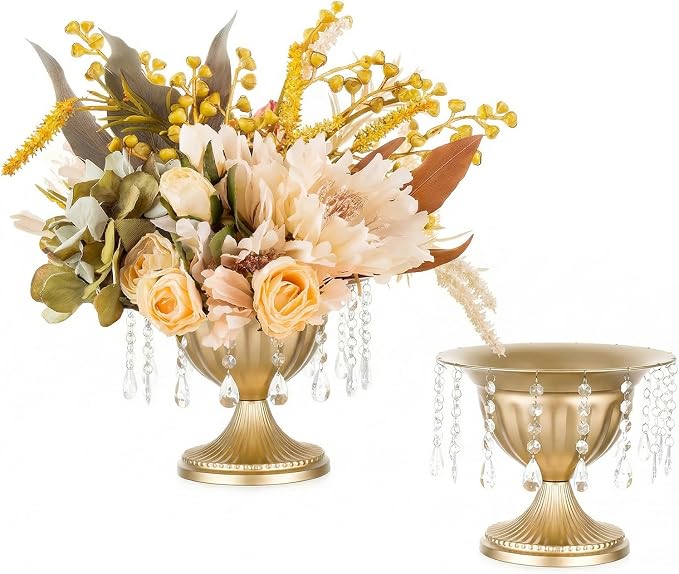 Sziqiqi Gold Urn Vase for Wedding with Crystal Beads, Compote Vase, 2Pcs | 8.6in Tall Metal Large Flower Arrangements, Pedestal Footed Bowl Planter, For Wedding, Party, Event, Birthday, Home Decor