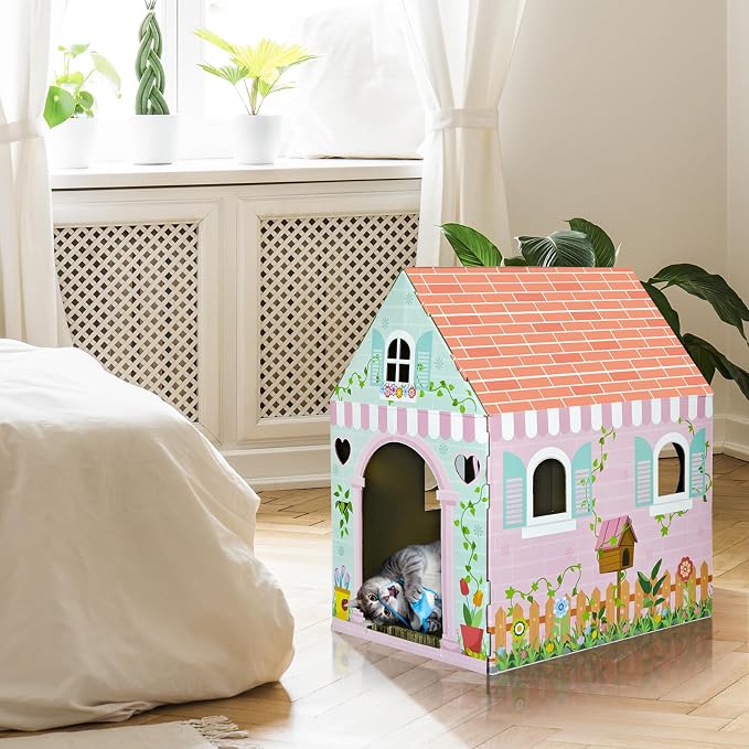 Cinrobiye Cardboard Cat House with Scratcher Spring Pet Board Bed Cave Playhouse Hideaway Hideout Condo Decor Small Animals Scratch Box for Indoor Cats Kittens Rabbits Bunny