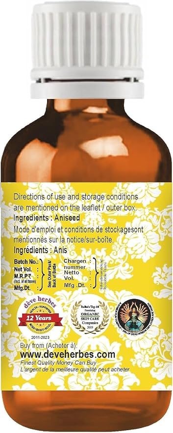 Deve Herbes Pure Aniseed Essential Oil (Pimpinella anisum) Steam Distilled (Pack of Five) 100ml X 5 (16.9 oz)