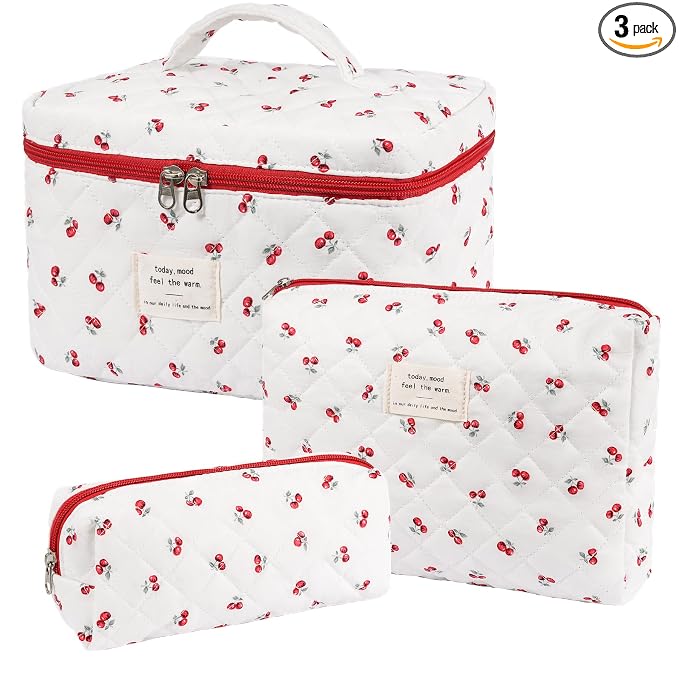 honitty Makeup Bag,Quilted Cosmetic Bags,Large Floral Make Up Organize bag,Makeup Bag Set for Women,Flower Travel Toiletry Bag