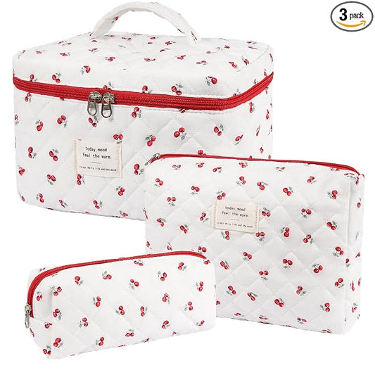 honitty Makeup Bag,Quilted Cosmetic Bags,Large Floral Make Up Organize bag,Makeup Bag Set for Women,Flower Travel Toiletry Bag