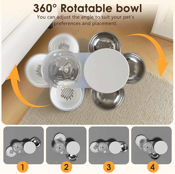 Automatic Gravity Cat Dog Feeder and Water Dispenser with 304 Stainless Steel Bowls 2 in 1 360 Degree Rotatable Auto 2.4L Dry Food and 2.6L Water Bowl for Small Medium Pet Dog Puppy Kitten (Blue)