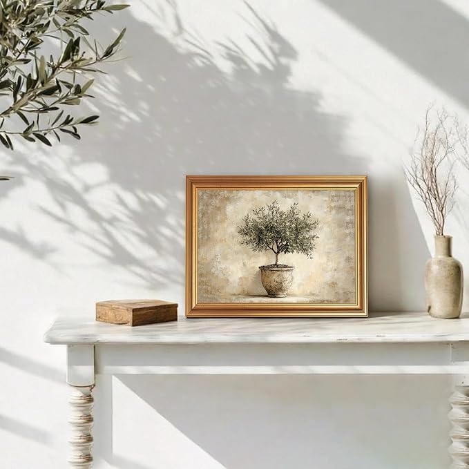 JLTULT Olive Tree Wall Art, Gold Framed Botanical Canvas, 8 x 10 Inches | Potted olive tree art on fade-resistant canvas with a ready-to-hang gold-tone PS frame for kitchens, dining rooms and offices