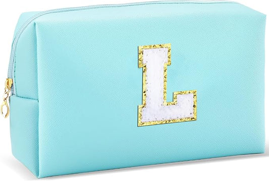 URSKYTOUS Gifts for Girls Initial Makeup Bag Personalized Cosmetic Bag with Zipper Cute Travel Toiletry Bag Waterproof PU Preppy Makeup Pouch Birthday Gift for Teen Girls Women(Blue L)
