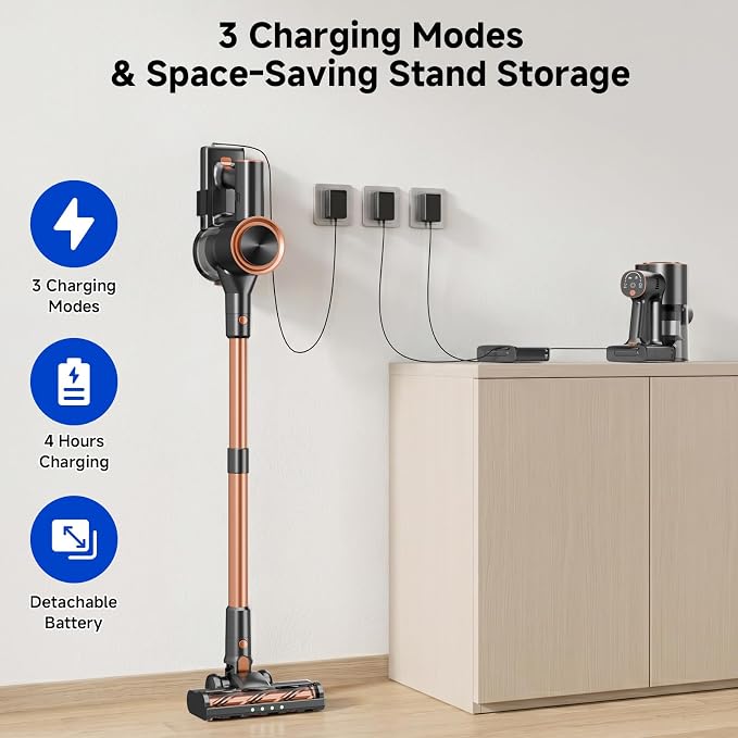 Cordless Stick Vacuum Cleaner - 45KPA Powerful Suction Vacuum with 45 Min Runtime, Detachable Battery, Anti-Tangle & 1.5L Dust Cup, 8 in 1 Vacuum Cleaner for Pet Hair, Carpet, HardFloor, Gold