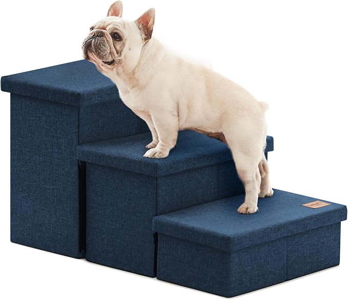 Love's cabin Dog Stairs for High Bed, Foldable Pet Stairs for Small Medium or Large Dogs Puppy with Storage for Bed or Couch, Cat Dog Steps Ramp with Zip up to 200 lbs, Navy Blue, 3 Steps