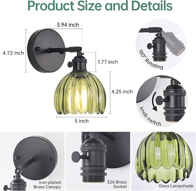 Shenmoyl Vintage Wall Sconce with Green Tulip Glass Lampshade 180 Degree Adjustable Black Sconce Hradwired Modern Wall Lighting Fixture with Switch for Bedside Bedroom Doorway