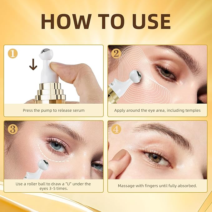 5% Caffeine Eye Cream, Under Eye Serum for Dark Circles, Puffiness & Wrinkles Fine Lines, Eye Roller Serum with 360° Massage Ball, Eye Treatment Balm for Men & Women