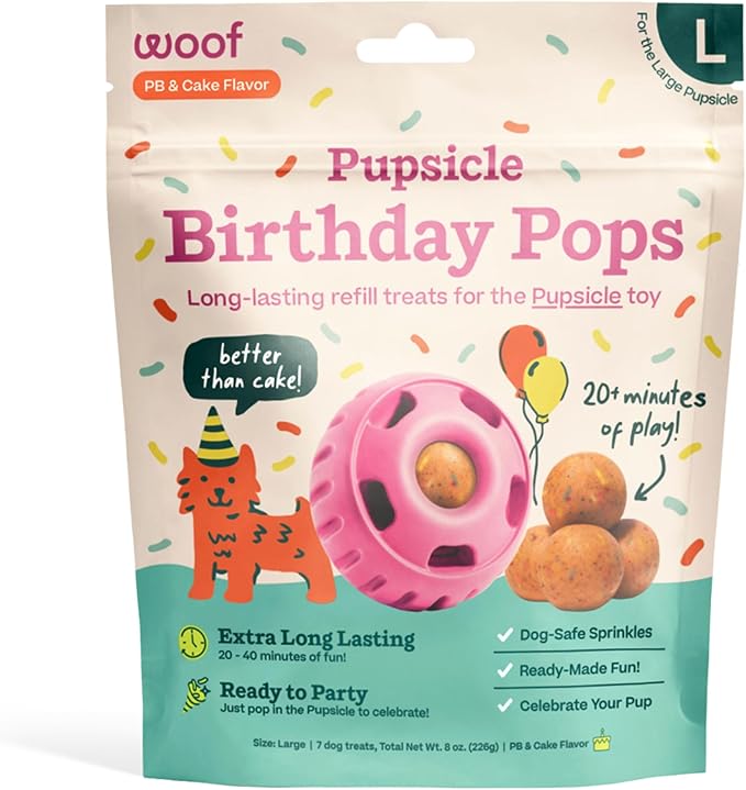 WOOF Pupsicle Birthday Refill Pops Dog Treats, Large | Fits large Pupsicle, pre-made birthday treats, naturally sweet, cake flavor, long-lasting enrichment, shelf stable