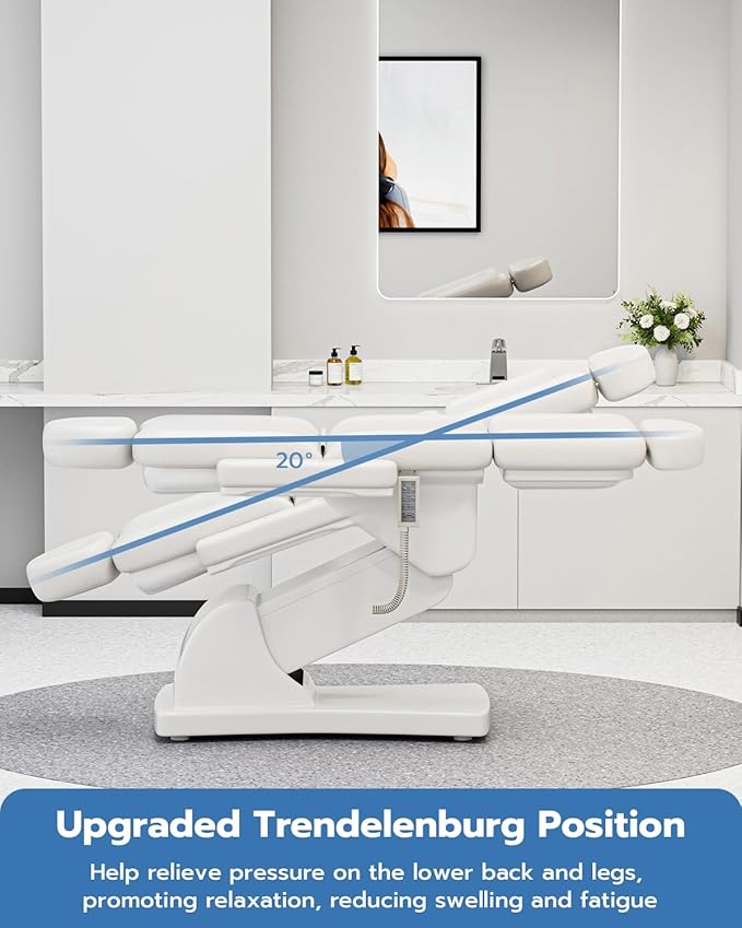 Paddie 550lbs Fully Electric Spa Bed 4 Motor with 20° Backward Tilt, Motorized Height & Angle Adjustable Massage Table Professional for Facial Beauty Microblading Procedure
