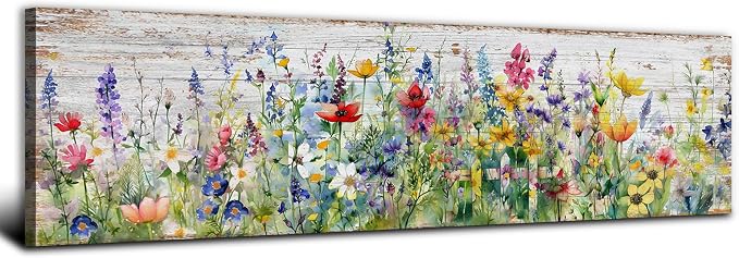 Rustic Wildflower Wall Art Colorful Farmhouse Floral Scenery Picture Decor Watercolor Flower Landscape Wood Grain Prints Painting Artwork for Living Room Office Bathroom Bedroom Home Decoration 14x48"