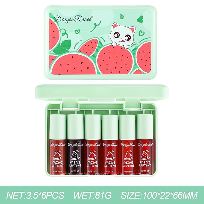 6 Colors Watermelon Lip Stain Set, Korean Velvet Watery Lip Tint Moisturizing Mini Liquid Lip Gloss, Lipstick for Women, Blush for Cheeks, St. Patrick’s Day Gift, Easter, Long-Lasting, High Pigment