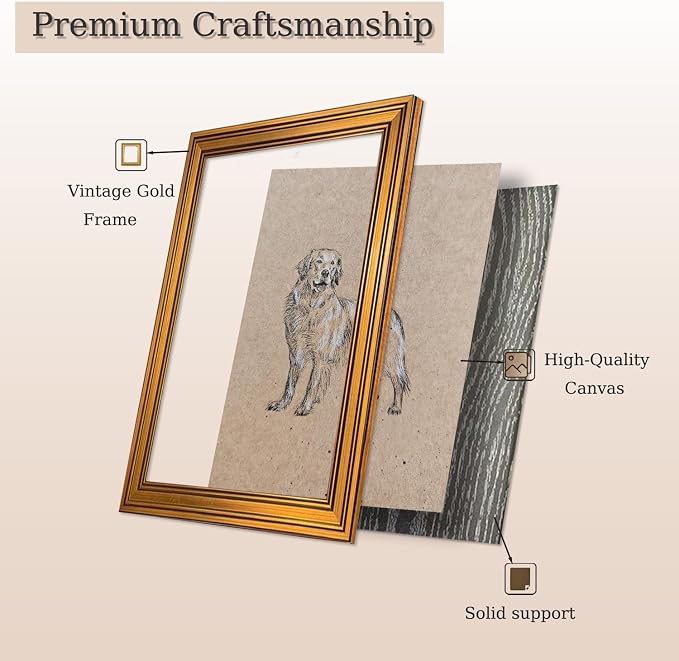 ZLPLLHA Gold Framed Wall Art Vintage Wall Decor Golden Retriever Canvas Art Dog Pet Pictures Portrait Paintings Sketch Artwork Antique Animal Prints For Bedroom Living Room