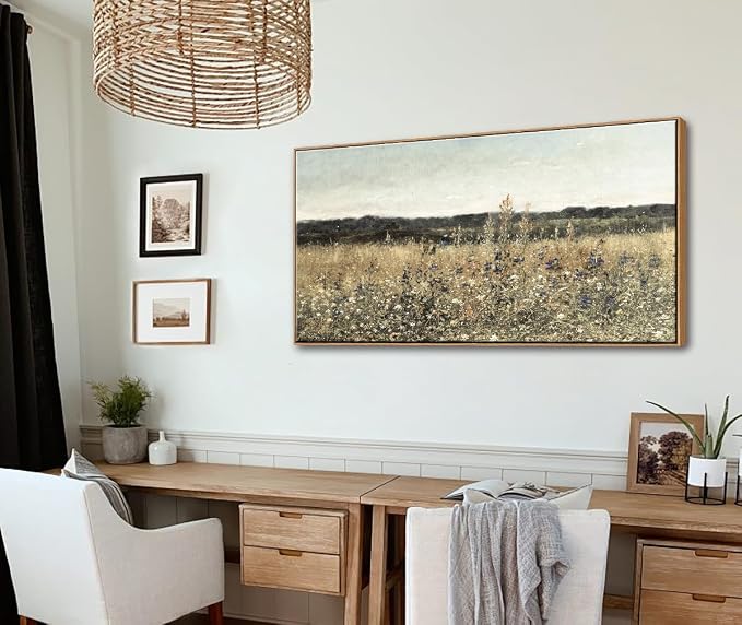 DJSYLIFE Wildflower Fields Framed Wall Art, Vintage Landscape | 24x48 Inch Canvas Prints, Solid Wood Frame, Ready to Hang, Flowers Painting, Country Farmhouse Decor for Living Room, Bedroom