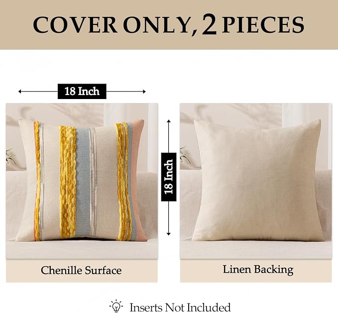 ANRODUO Boho Decorative Throw Pillow Covers Yellow Stripe 18x18 Pack of 2 | Throw Pillow Covers, Farmhouse Cushion Case, Chenille Pillow Cases, Pillow Covers, Neutral Pillowcase for Sofa Couch Bed
