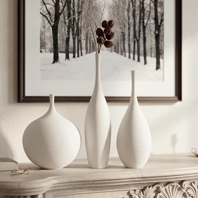 White Ceramic Vase Set of 3, Modern Boho Vases for Centerpiece Decor, Matte Minimalist Decorative White Vases Home Decor, for Living Room, Bookshelf, and Entryway Table Decor