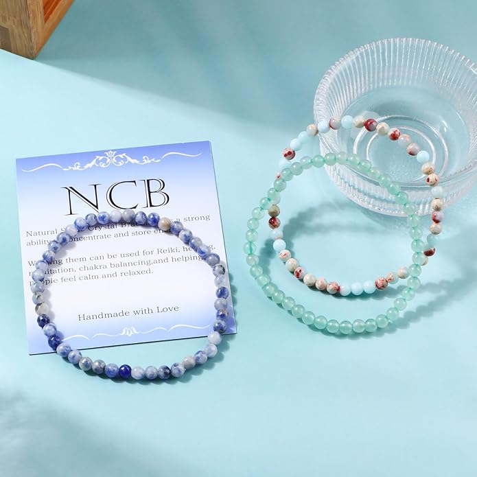 NCB 2.3-Piece 4mm Natural Crystal Gemstone Stretch Bracelets – Handmade Reiki Energy Healing Jewelry for Meditation,Yoga, Unisex