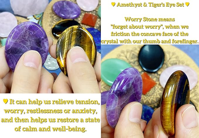 2PCS Worry Stone for Anxiety Tigers Eye Amethyst Healing Crystals Hand Thumb Stones Pocket Gemstones Meditation Accessories Oval Crystal Natural Relax Palm Stone Anxiety Relief Items Stocking Stuffers