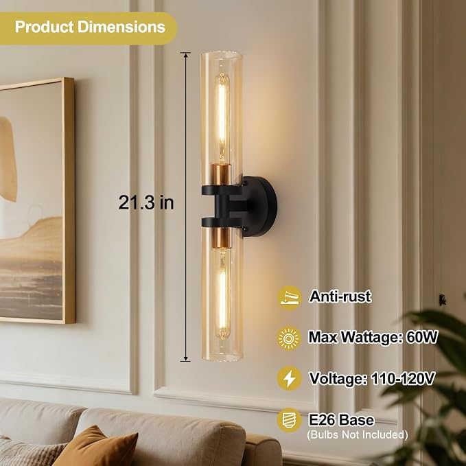 Indoi Wall Sconces Set of Two, Hardwired Black and Gold Bathroom Sconces Wall Lights with Amber Glass, Modern Sconces Wall Decor Set of 2 Vanity Light fixtures for Bathroom Mirror Living Room