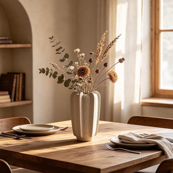 Ceramic Flower Vase Home Decor,9.1" Rustic Vintage Starfruit Shaped Beige Terracotta Vases，Modern Boho Living Room Farmhouse Table Vases Living Room Decor，Shelf Coffee Dining Desk Fireplace