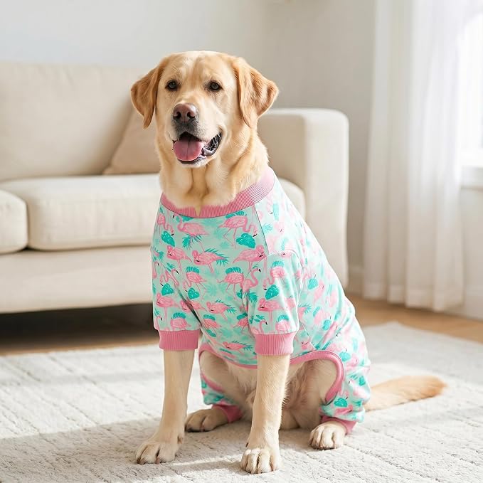 KYEESE Velvet Dog Pajamas for Medium Large Dogs Soft Onesie, Flamingo | 4-Way Stretch, Lightweight & Breathable, Reduces Shedding, Gentle on Sensitive Skin, Recovery Support, Easy Potty Breaks