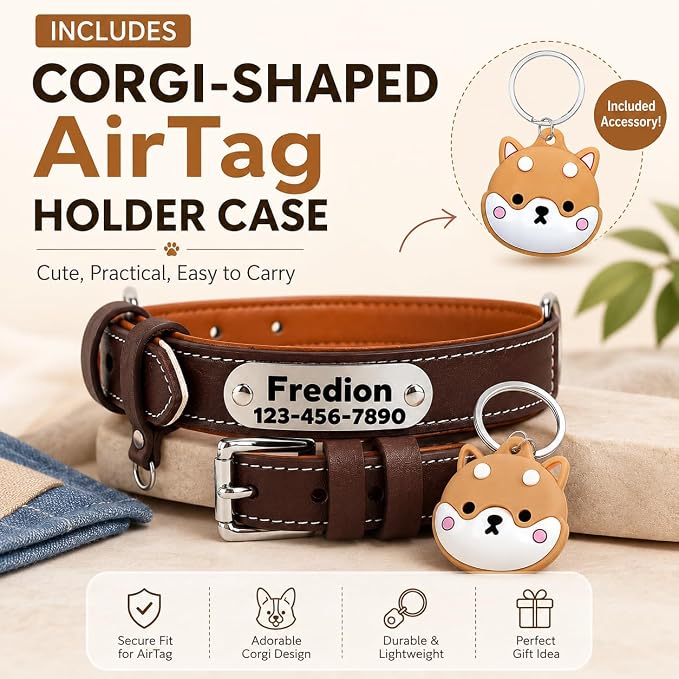Personalized Leather Dog Collar with AirTag Holder Case, Custom Engraved Nameplate Dog Collar, Adjustable Genuine Leather Soft Padded Dog ID Collar for X-Small Small Dogs-Brown Padded-XS