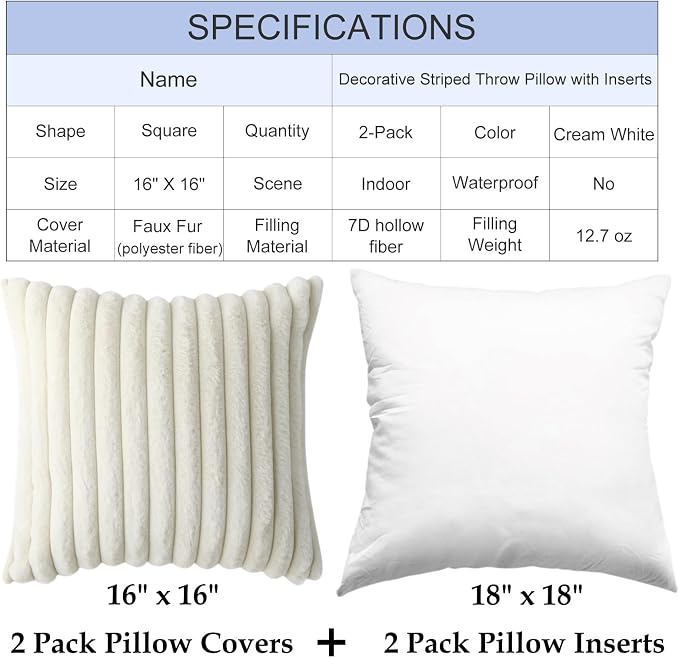 Decorative Throw Pillow with Inserts, Set of 2 Soft Faux Fur Throw Pillows, Square Boho Striped Pillow for Couch, Bed, Sofa Decor(Beige, 16" x 16")